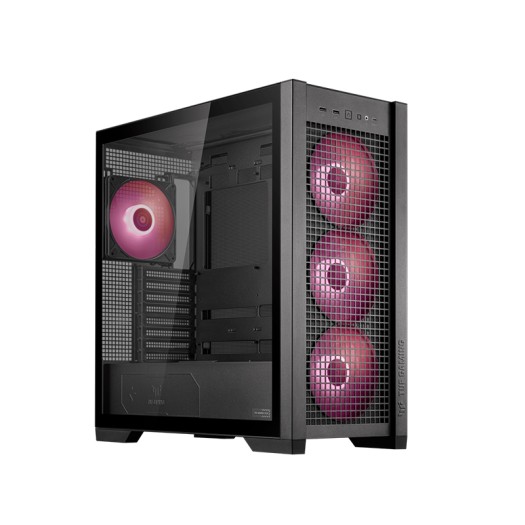 ASUS TUF Gaming GT302 ARGB ATX Mid-Tower Case Four 140 x 28 mm ARGB fans for high airflow and static pressure, interchangeable side panel, detachable top panel, hidden-connector motherboard support