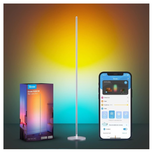 Govee RGBICW Floor Lamp Sliver, LED Corner Lamp Works with Alexa, Smart Modern Standing Lamp with Music Sync and 16 Million DIY Colors, Ambiance Color Changing Floor Lamps for Living Room Bedroom Gaming Room - H6076