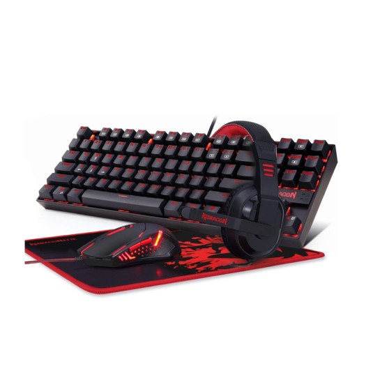 Redragon K552-BB Mechanical Gaming Keyboard and Mouse Combo & Large Mouse Pad & PC Gaming Headset with Mic, 87 Key RED LED Backlit Keyboard for Windows PC (Keyboard, Mouse, Headset Mousepad Set)