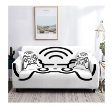 Game Sofa Cover white color with black controller design  for Gaming Boys Bedroom Playroom Washable Furniture Protector From Dust Stain - 1 Seater 90-140cm