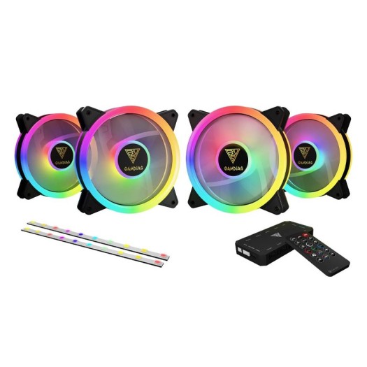 GAMDIAS AEOLUS M2 1204R Elite 3-Pack 120mm RGB Case Fan, Trio-Loop ARGB PWM fan, Includes 2 ARGB LED Strips, Hydraulic Bearing, Black | GD-AEOLUS-M2-1204R-ELITE