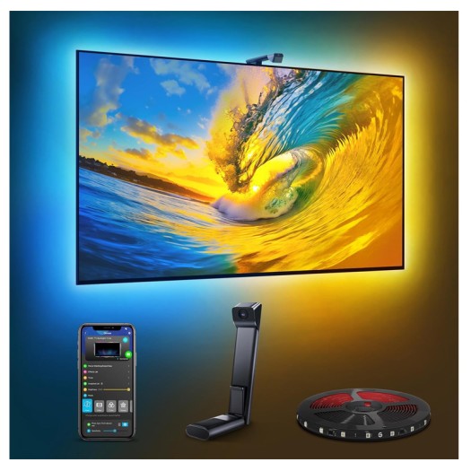 Govee TV Backlight 3 Lite with Fish-Eye Correction Function Sync to 75-85 Inch TVs, 16.4ft RGBICW Wi-Fi TV LED Backlight with Camera, 4 Colors in 1 Lamp Bead, Voice and APP Control, Adapter - H6099
