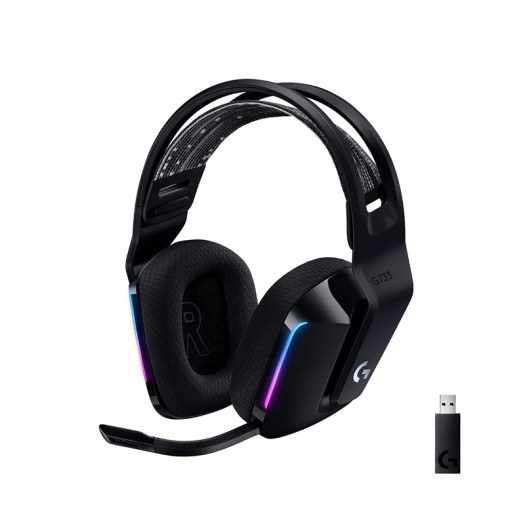 Logitech G733 Lightspeed Wireless Gaming Headset with Suspension Headband, LIGHTSYNC RGB, Blue VO!CE mic Technology and PRO-G Audio Drivers - Black