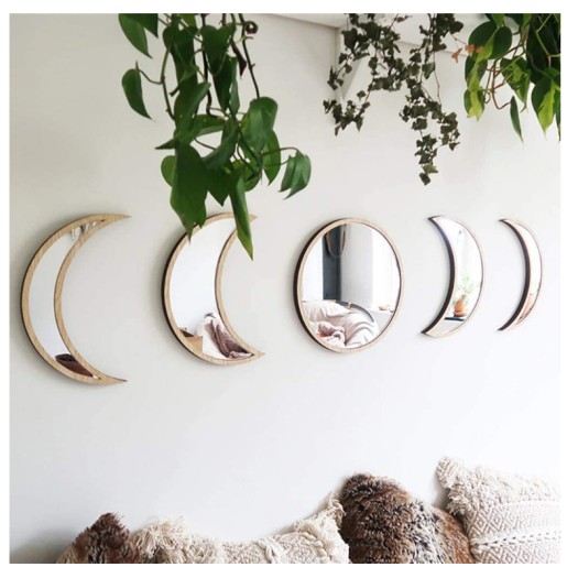 5 Pieces Scandinavian Natural Decor Acrylic Wall Decorative Mirror Interior Design Wooden Moon Phase Mirror Bohemian Wall Decoration for Home Living Room Bedroom Decor - Acrylic,Not Real Mirror(Beige)