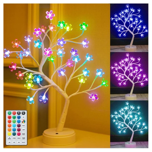 Cherry Blossom RGB Tree Light with Remote Control 16 Color-Changing LED Artificial Flower Tree Table Top Lamp Modern Home Lit Tree Centerpieces Decoration