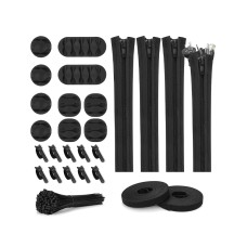 MasterMind 121pcs Cord Management Organizer Kit 4 Cable Sleeve with Zipper,10 Self Adhesive Cable Clip Holder,10pcs and 2 Roll Self Adhesive tie and 100 Fastening Cable Ties for TV Office Home etc (Black)