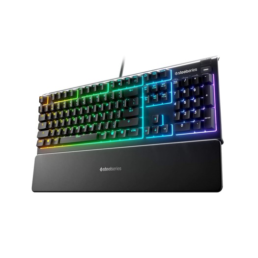 SteelSeries Apex 3 RGB Gaming Keyboard – 10-Zone RGB Illumination – IP32 Water Resistant – Premium Magnetic Wrist Rest (Whisper Quiet Gaming Switch)