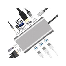Type-C  to HDTV 10-in-1 Adapter - LAN + Type-C + SD Card + USB 3.0*3 + Audio + HDTV + VGA  Multi-function Hub