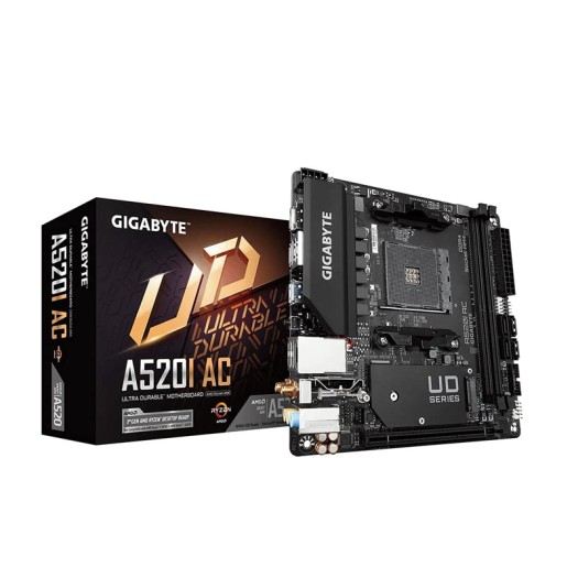 GIGABYTE A520I AC mITX AM4 Direct 6 Phases Digital PWM with 55A DrMOS, GIGABYTE Gaming GbE LAN, Intel WiFi+Bluetooth, NVMe PCIe 3.0 x4 M.2, 3 Display Interfaces, Q-Flash Plus, RGB Fusion 2.0, Motherboard