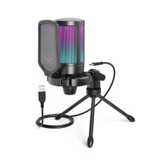 FIFINE Gaming USB Microphone for PC PS5, Condenser Mic with Quick Mute, RGB Indicator, Tripod Stand, Pop Filter, Shock Mount, Gain Control for Streaming Discord Twitch Podcasts Videos- AmpliGame A6V