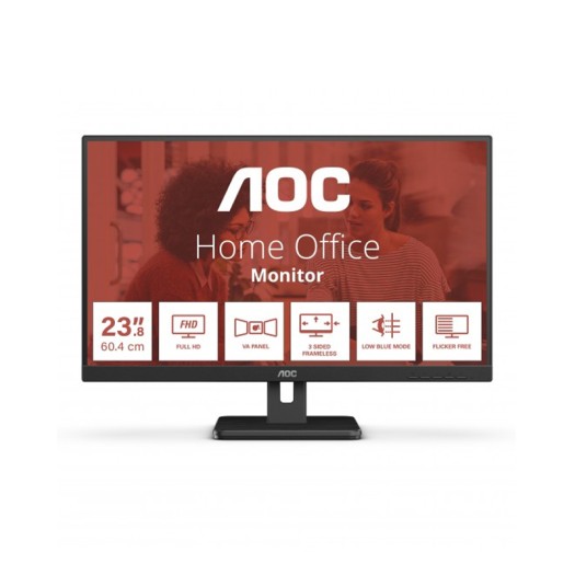 AOC 23.8″ ,60.5 cm, FHD 1920 x 1080 pixels, FreeSync, 75 Hz, DisplayPort, HDMI, VGA, USB Hub Full HD Black  - 24E3UM 