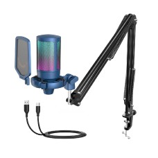 FIFINE USB Gaming Streaming Recording PC Microphone Kit, RGB Condenser Computer Mic Bundle for Podcasts, Audio, Vocal, Video on Mac/Desktop/Laptop, with Boom Arm Stand-A6T Blue