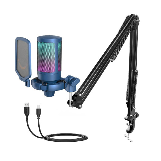 FIFINE USB Gaming Streaming Recording PC Microphone Kit, RGB Condenser Computer Mic Bundle for Podcasts, Audio, Vocal, Video on Mac/Desktop/Laptop, with Boom Arm Stand-A6T Blue